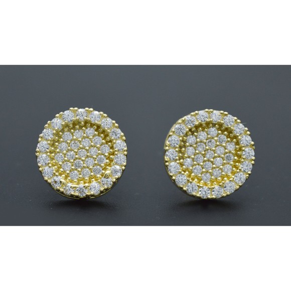 Real 10K Solid Yellow Gold 13mm Mens 3D Round Cut Iced CZ Stud Earrings 3.7gr - Picture 1 of 6